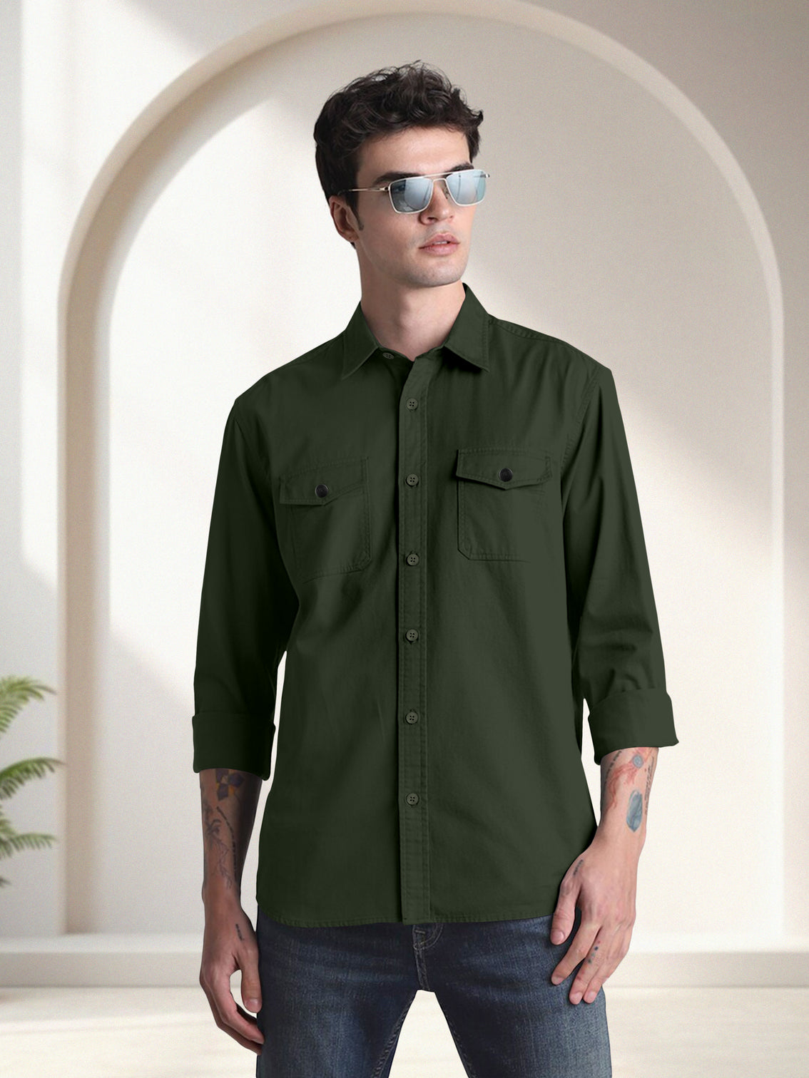 Blacklogy Men's Premium Cotton Light Green Double Pocket Full Sleeve Shirt