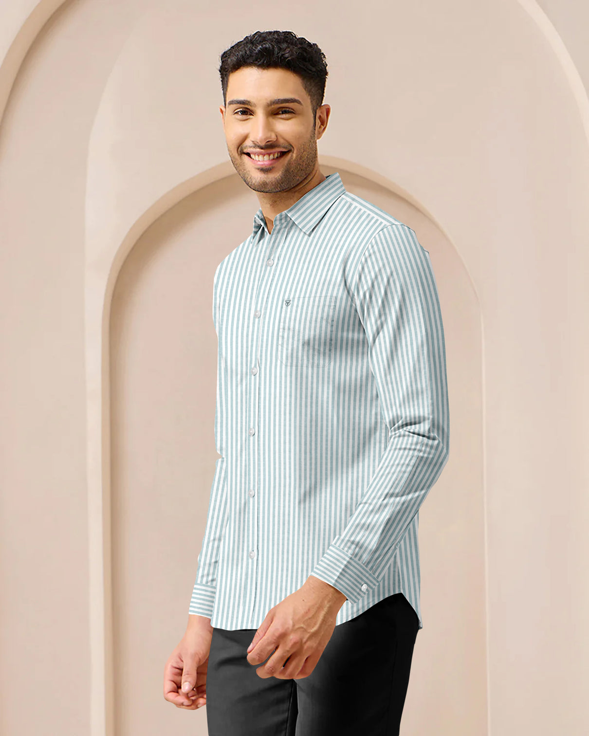 Blacklogy Men’s Premium Striped Shirt – 100% Cotton Slim Fit with Chest Pocket | Full Sleeve, Soft Fabric | Mint Green Vertical Stripe Formal/Casual Shirts