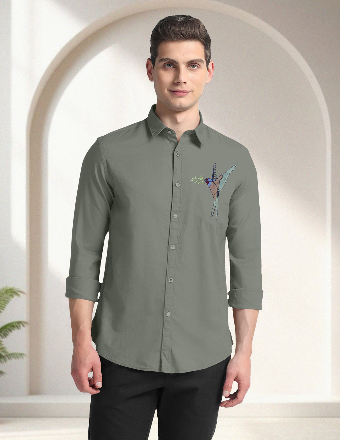 Blacklogy Men's Premium Cotton Light Green Embroidered Bird Motif Shirt