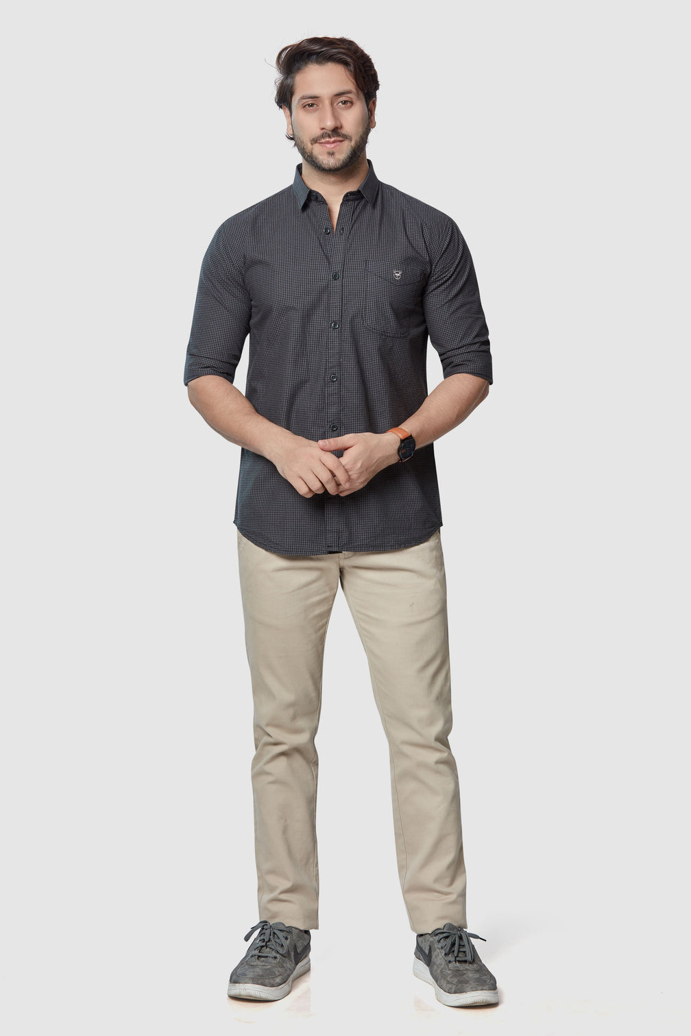 Black Micro-Checkered Casual Shirt for Men