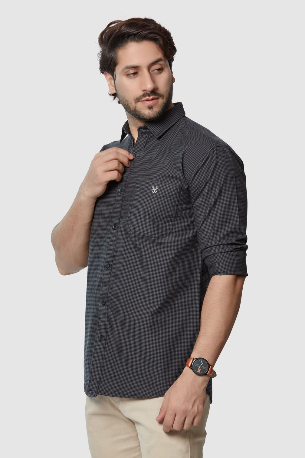 Black Micro-Checkered Casual Shirt for Men