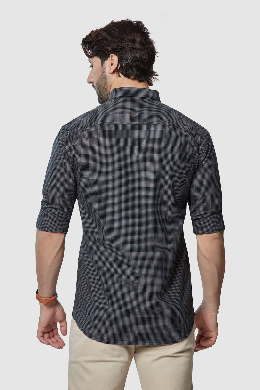 Black Micro-Checkered Casual Shirt for Men