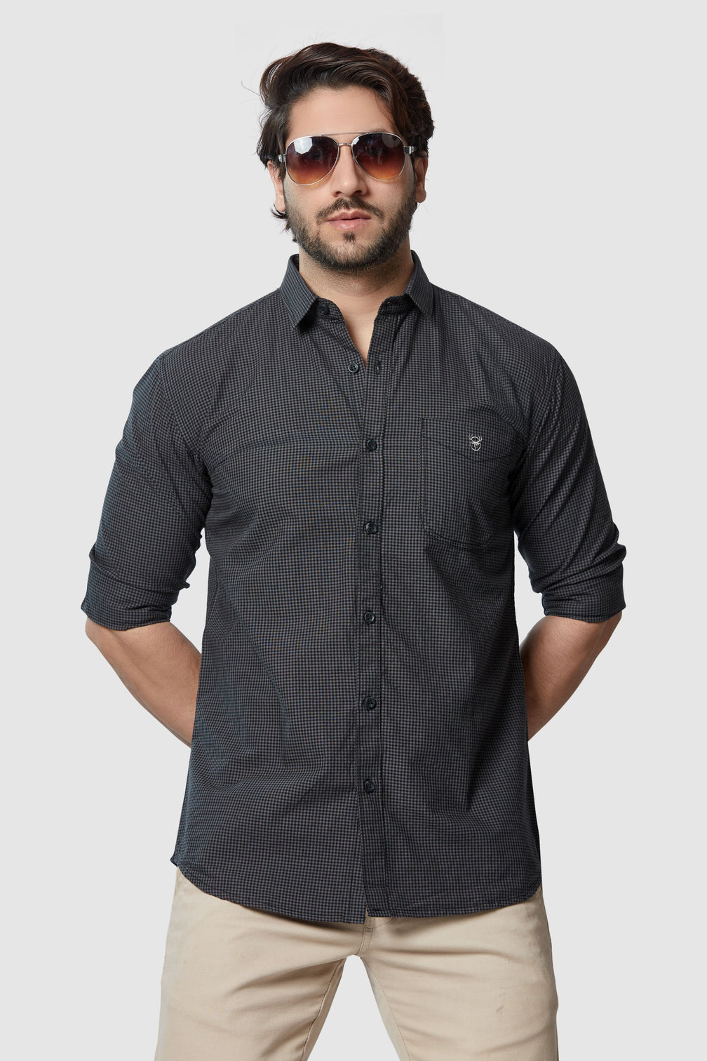 Black Micro-Checkered Casual Shirt for Men