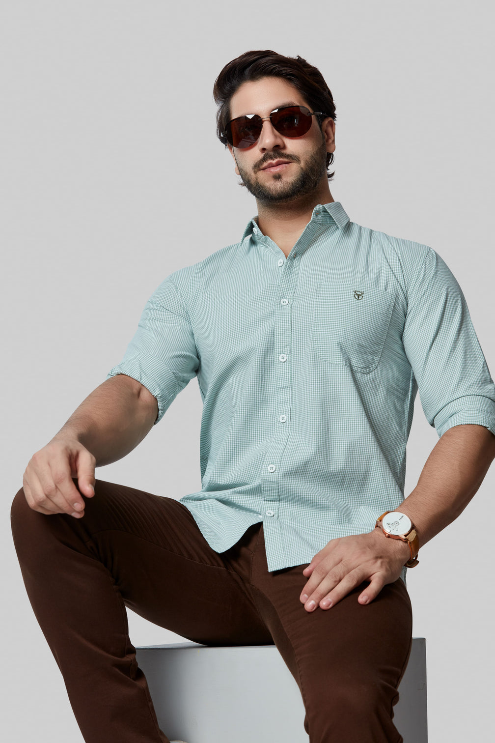 Cool Mint Checkered Full-Sleeve Shirt for Men