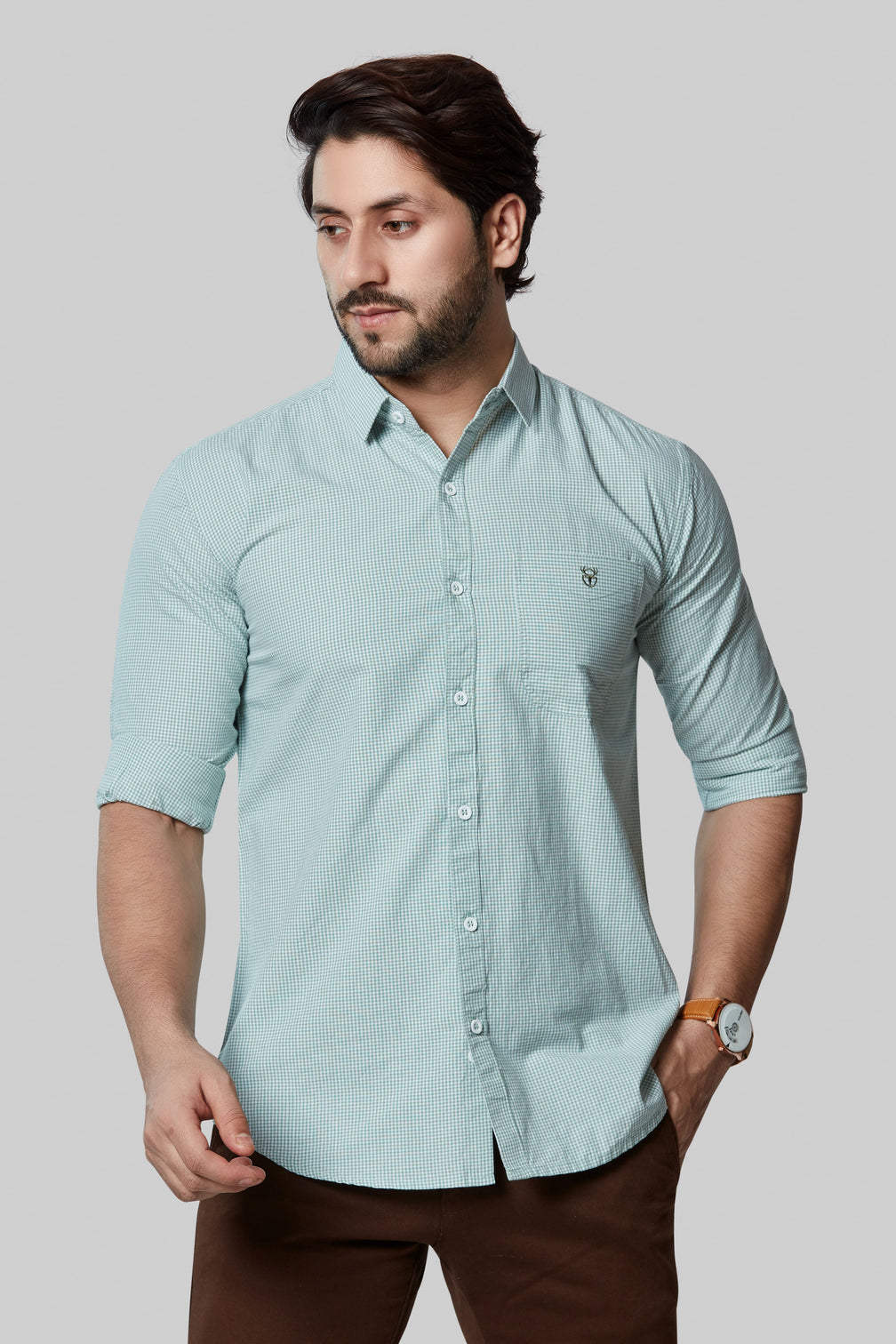 Cool Mint Checkered Full-Sleeve Shirt for Men