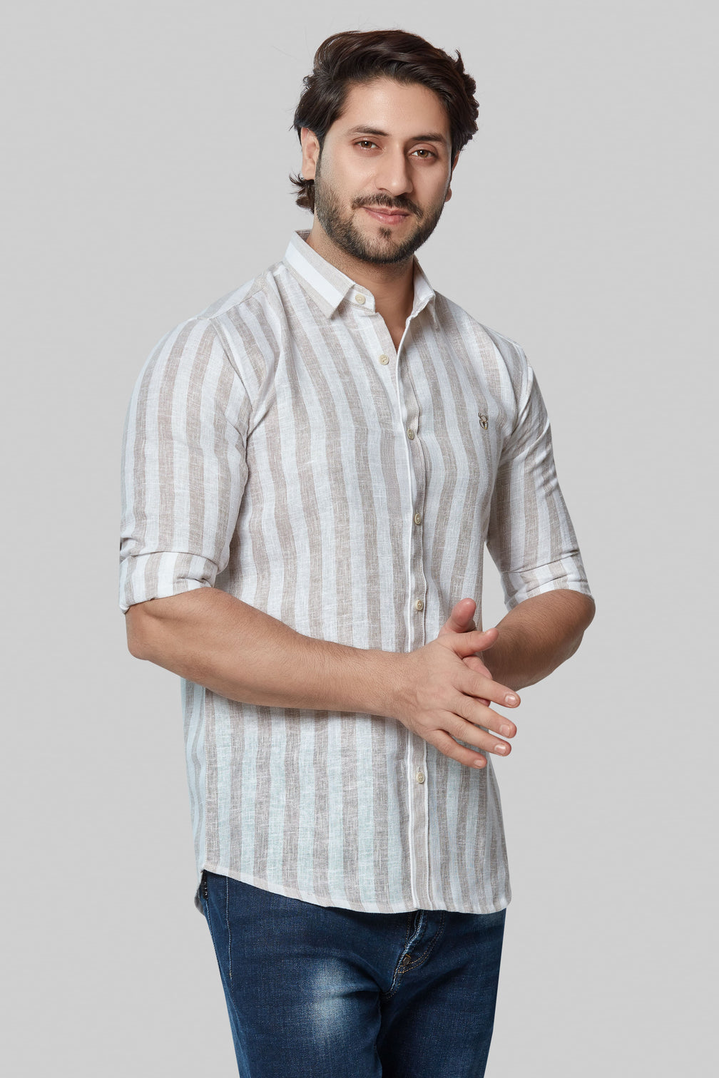 Brown Stripe Linen Shirt for Man's