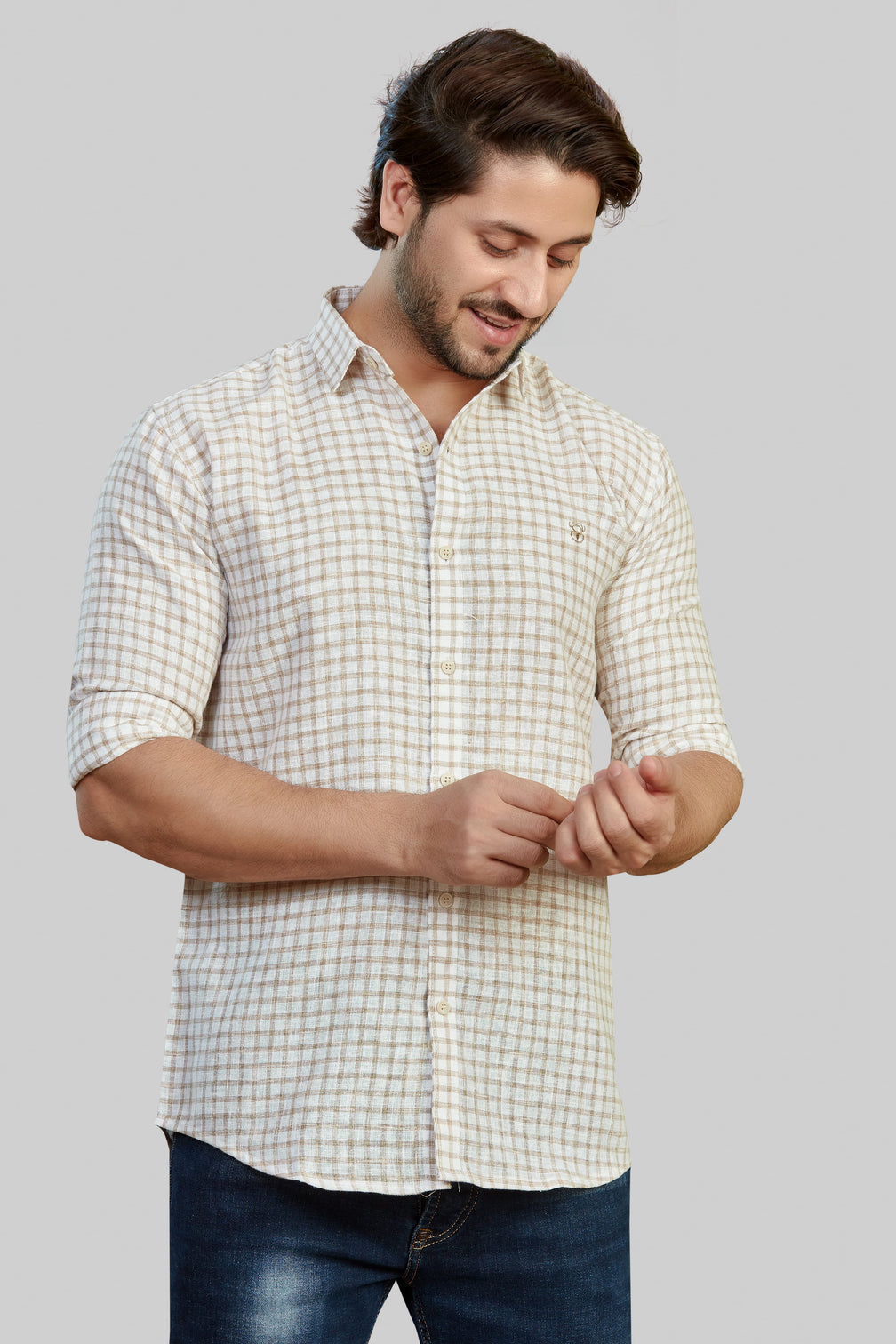 Beige and White Checked Shirt