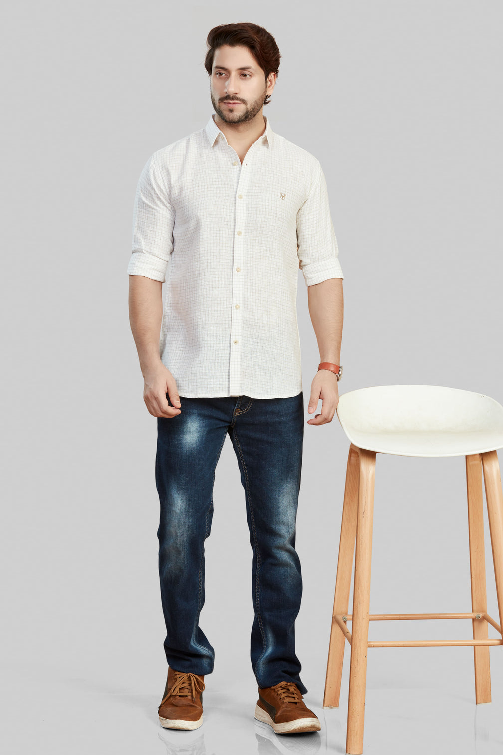 Men's Beige Small Checkered Shirt