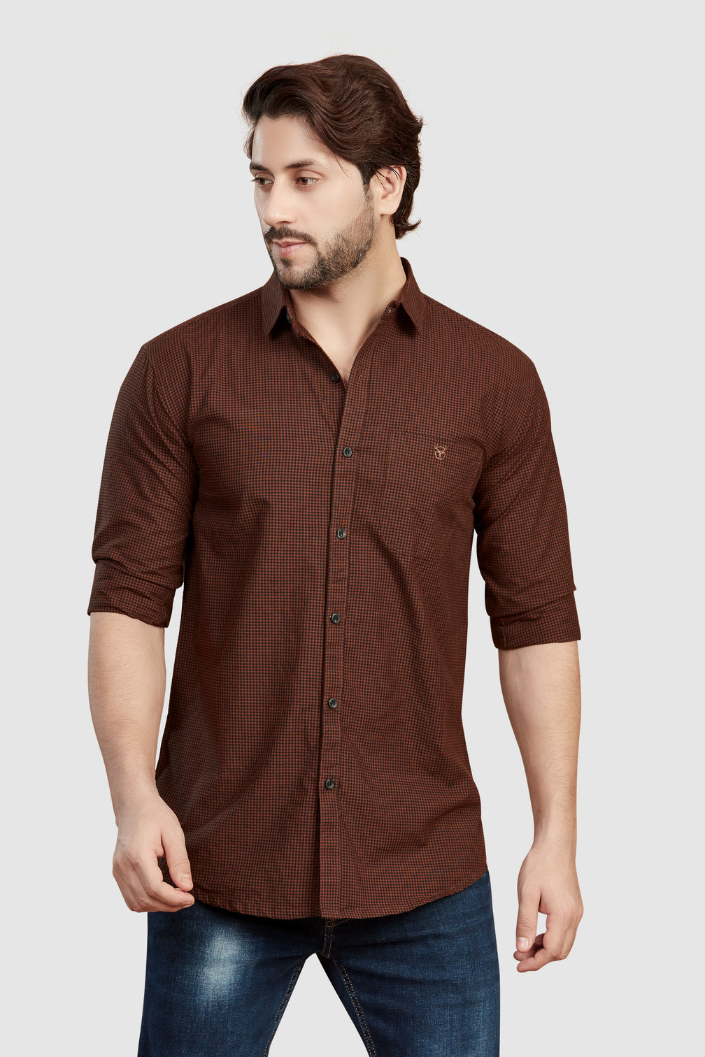 Dark Brown Gingham Shirt for Men