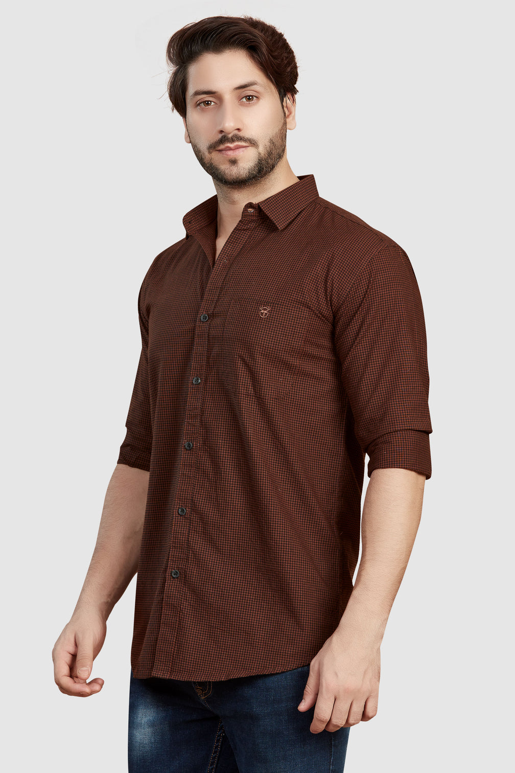 Dark Brown Gingham Shirt for Men