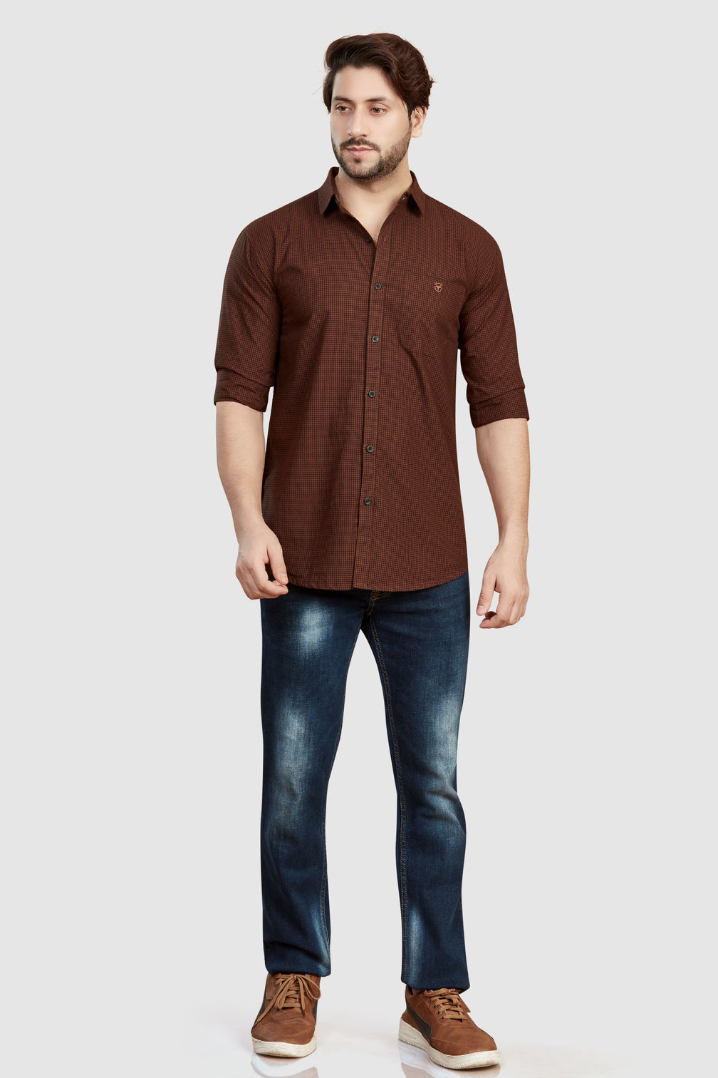 Dark Brown Gingham Shirt for Men