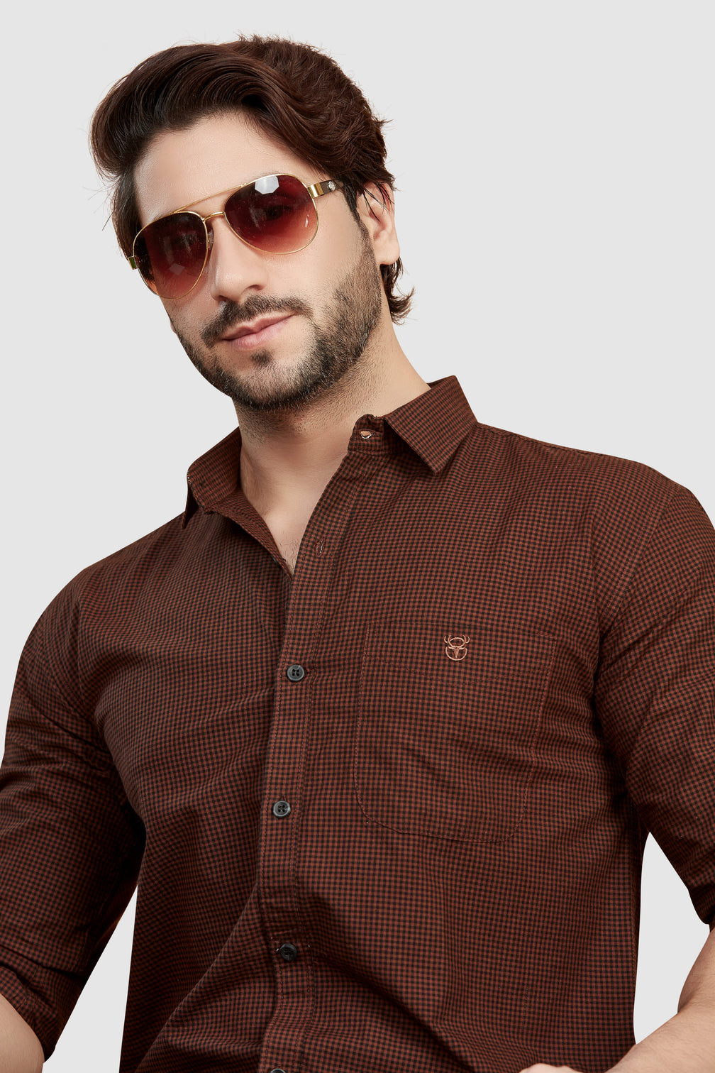 Dark Brown Gingham Shirt for Men