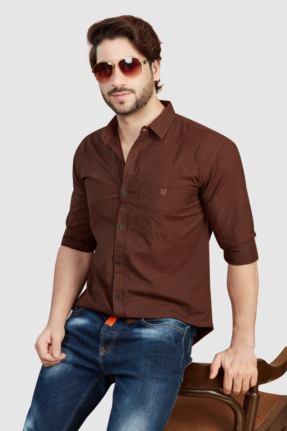 Dark Brown Gingham Shirt for Men