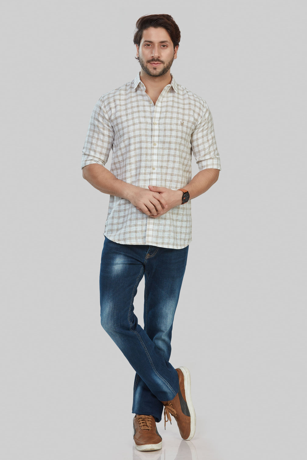 Men's Beige Cotton Blend Checkered Shirt