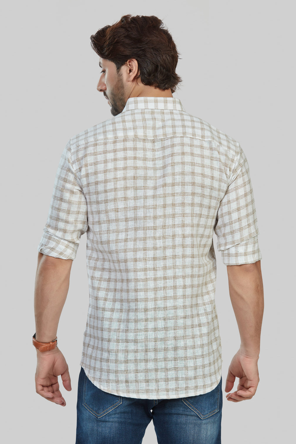 Men's Beige Cotton Blend Checkered Shirt