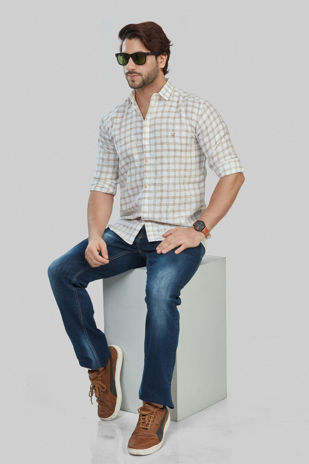 Men's Beige Cotton Blend Checkered Shirt