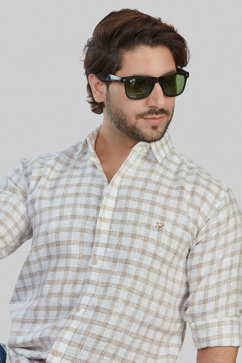 Men's Beige Cotton Blend Checkered Shirt