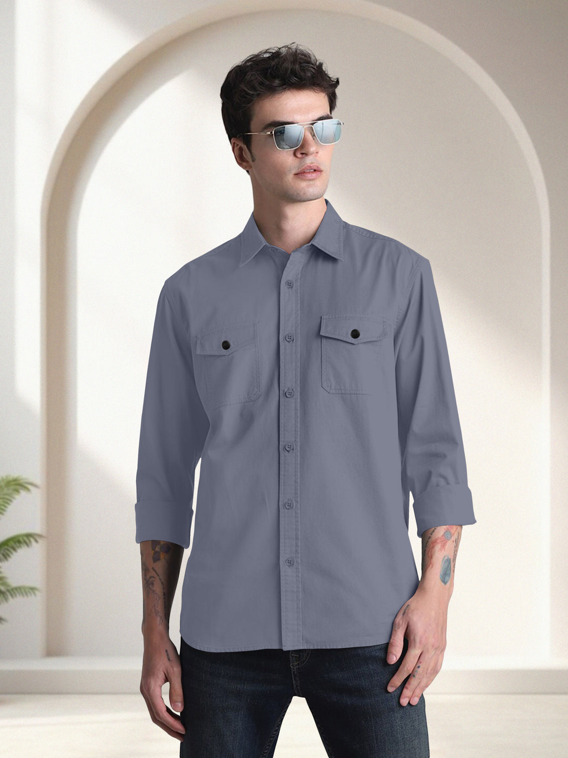 Blacklogy Men's Premium Cotton Sky Blue Double Pocket Shirt
