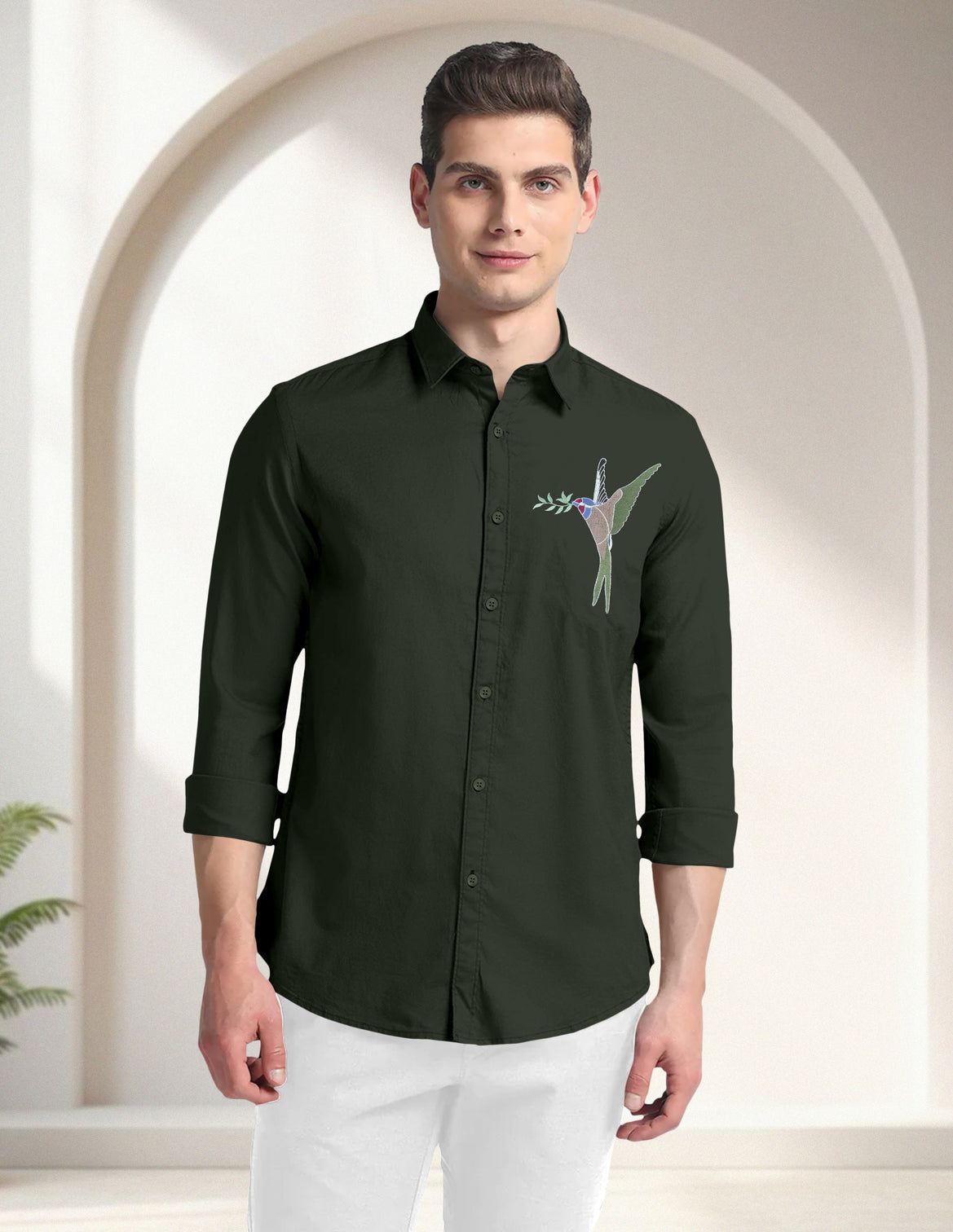 Blacklogy Men's Premium Cotton Dark Green Embroidered Bird Motif Shirt
