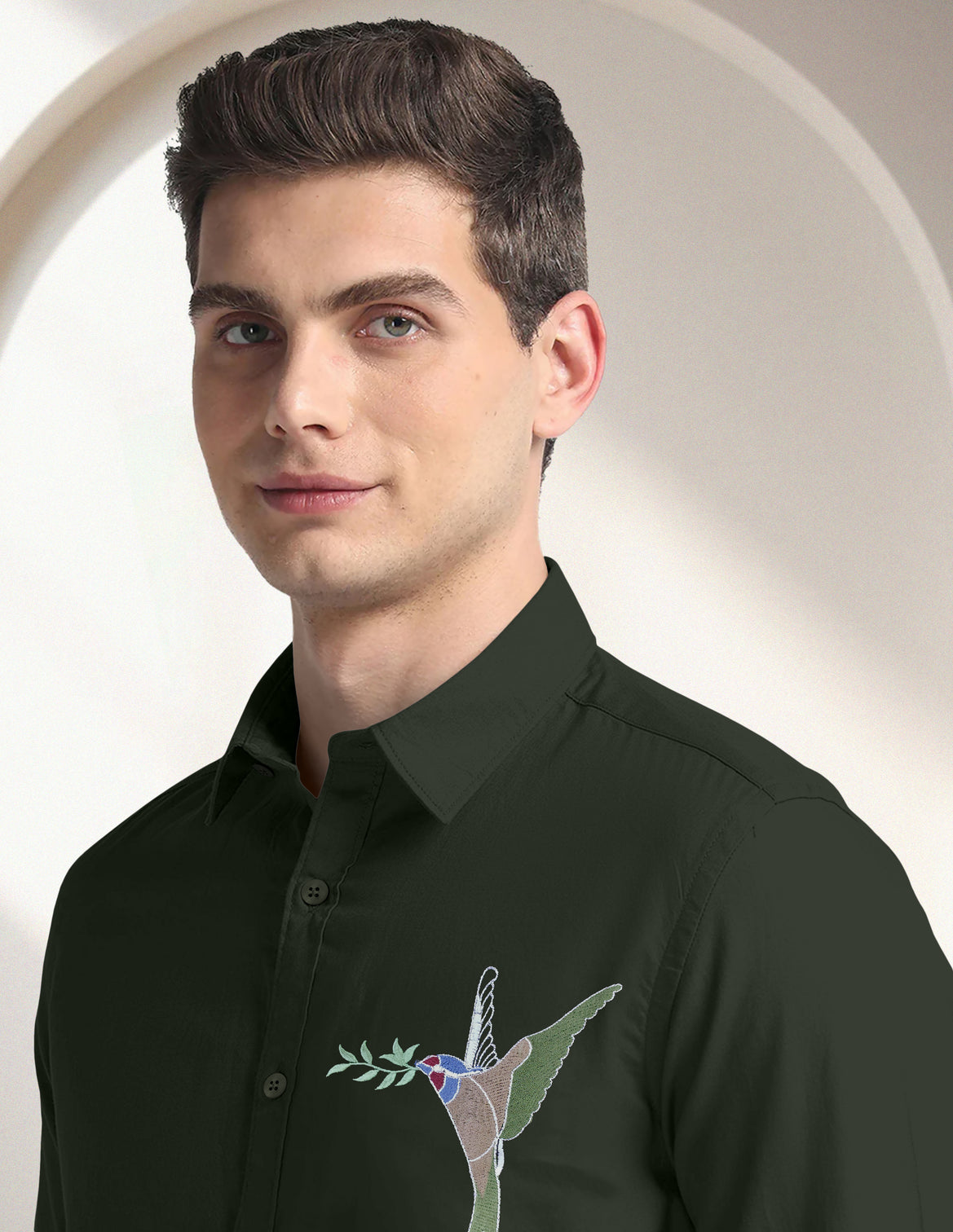 Blacklogy Men's Premium Cotton Dark Green Embroidered Bird Motif Shirt