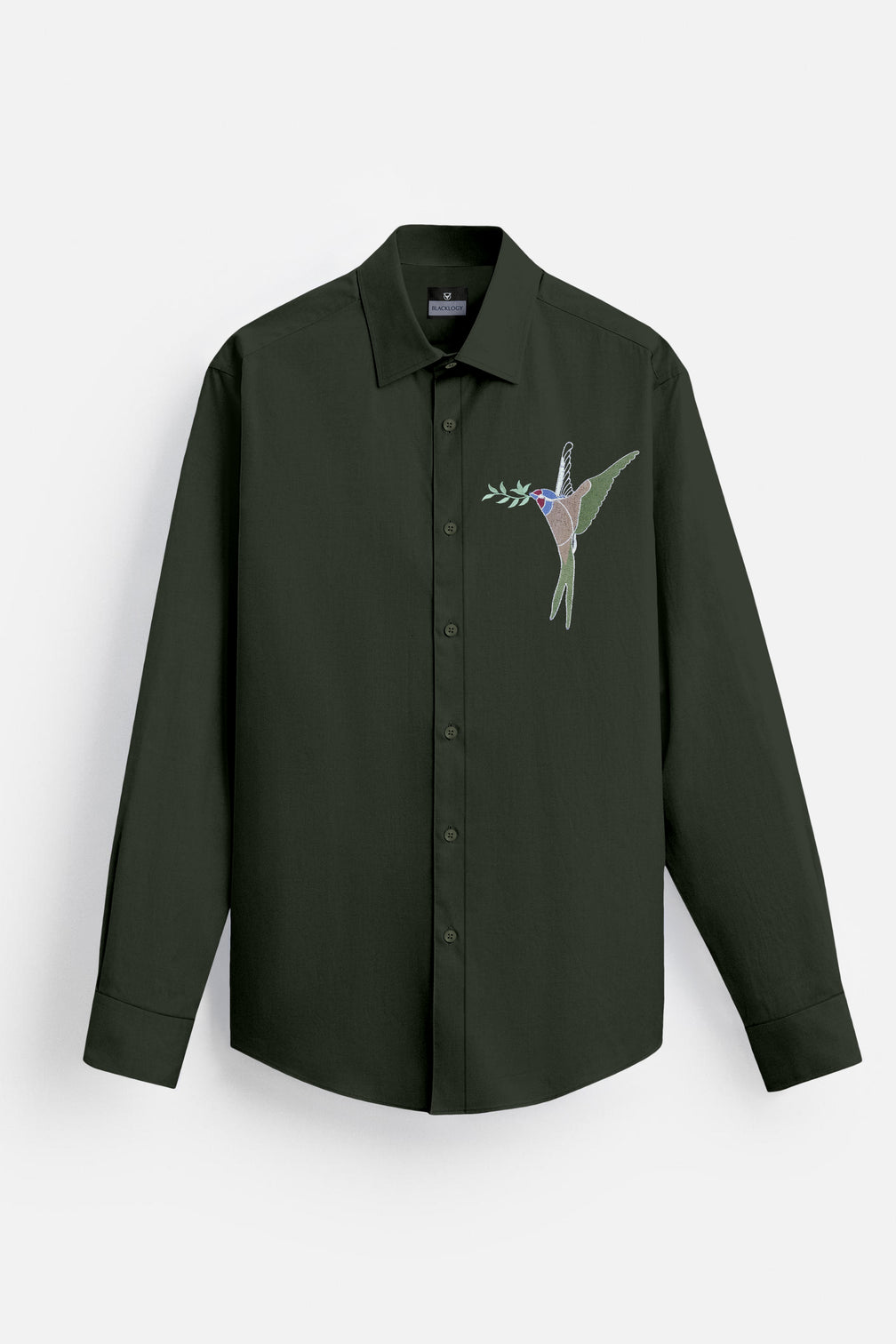 Blacklogy Men's Premium Cotton Dark Green Embroidered Bird Motif Shirt