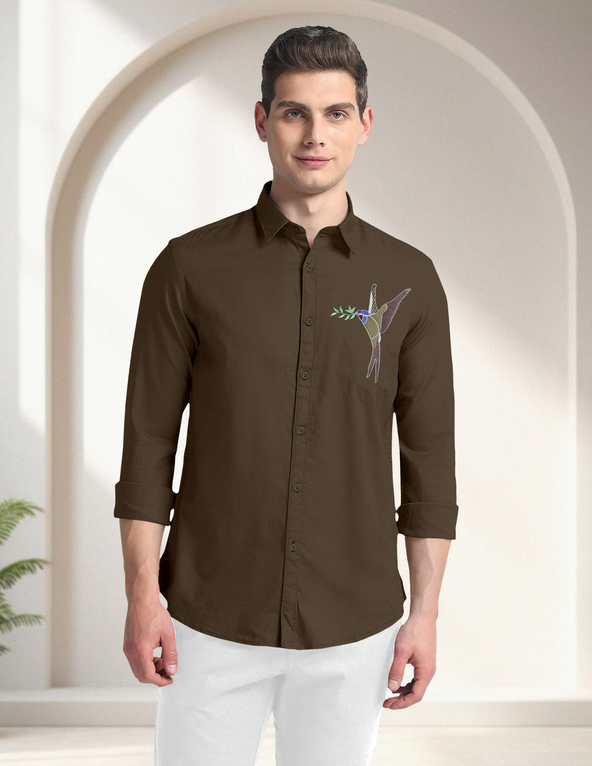 Blacklogy Men's Premium Cotton Dark Brown Embroidered Bird Motif Shirt