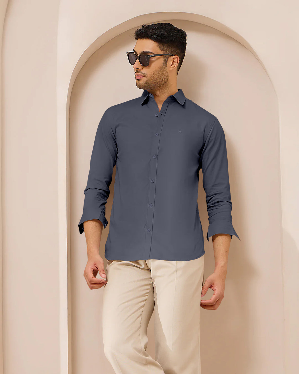 Blacklogy Men's Premium Satin Solid Shirt – Dark Grey | Slim Fit Formal Shirt with Logo