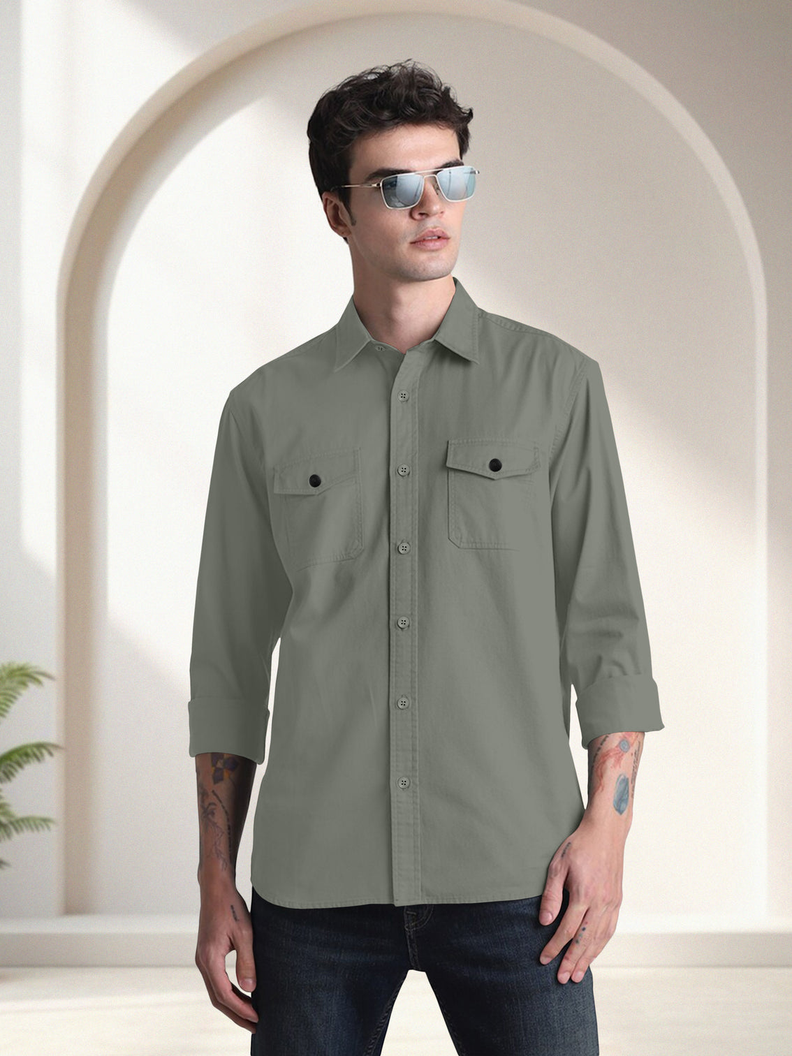 Blacklogy Men's Premium Cotton Light Green Double Pocket Full Sleeve Shirt