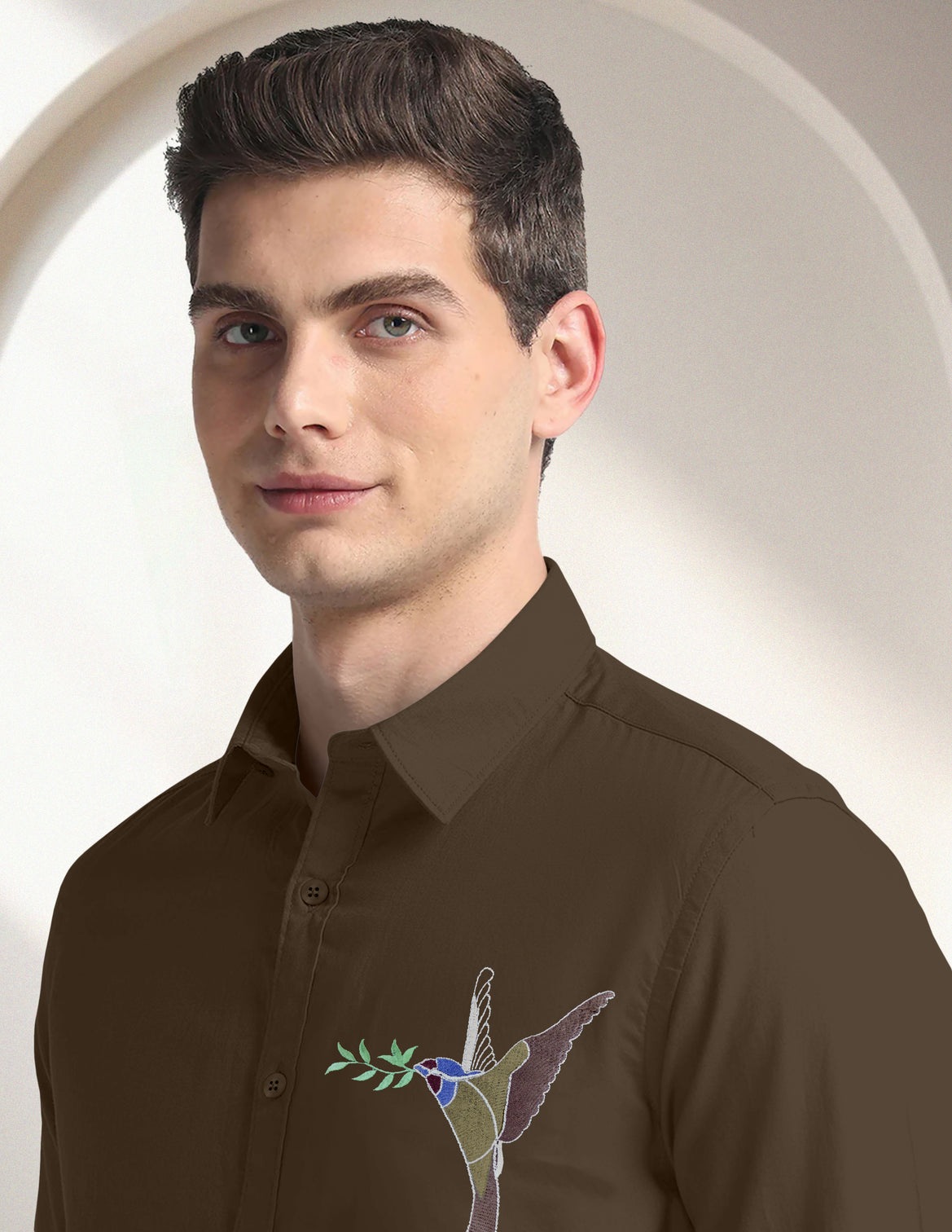 Blacklogy Men's Premium Cotton Dark Brown Embroidered Bird Motif Shirt