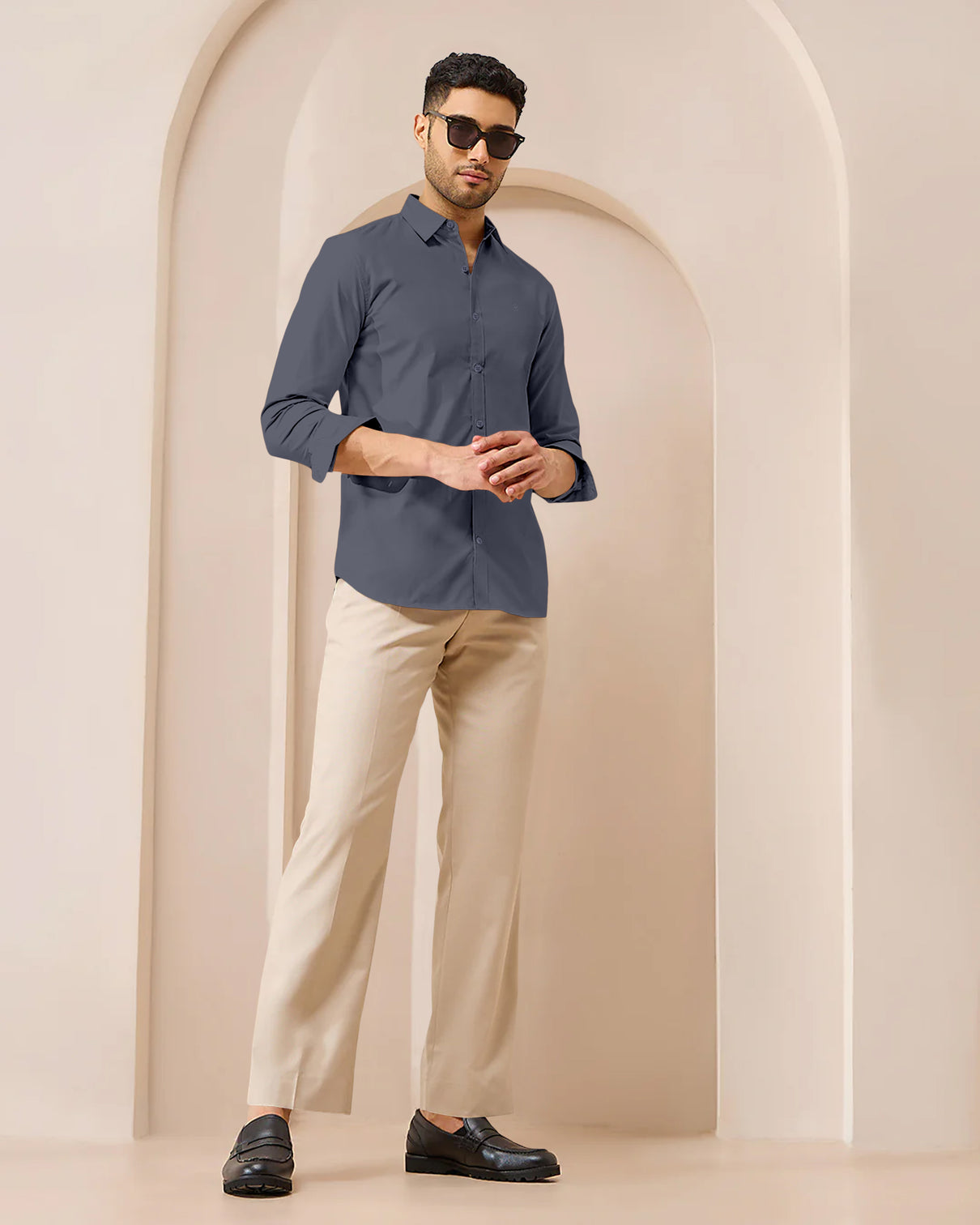 Blacklogy Men's Premium Satin Solid Shirt – Dark Grey | Slim Fit Formal Shirt with Logo