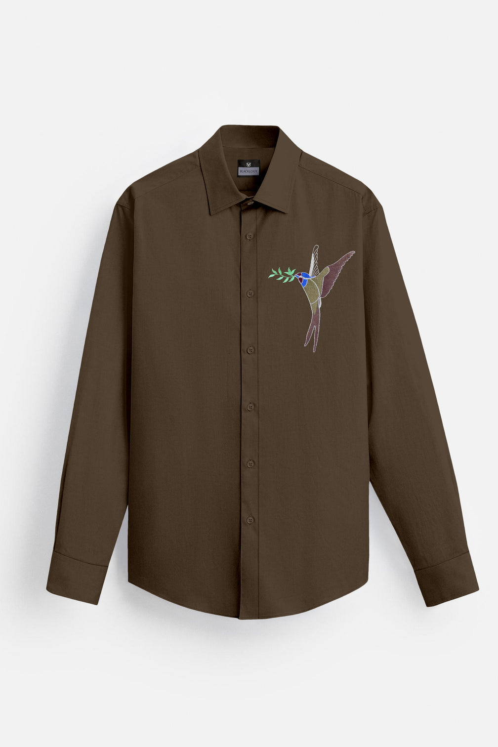 Blacklogy Men's Premium Cotton Dark Brown Embroidered Bird Motif Shirt