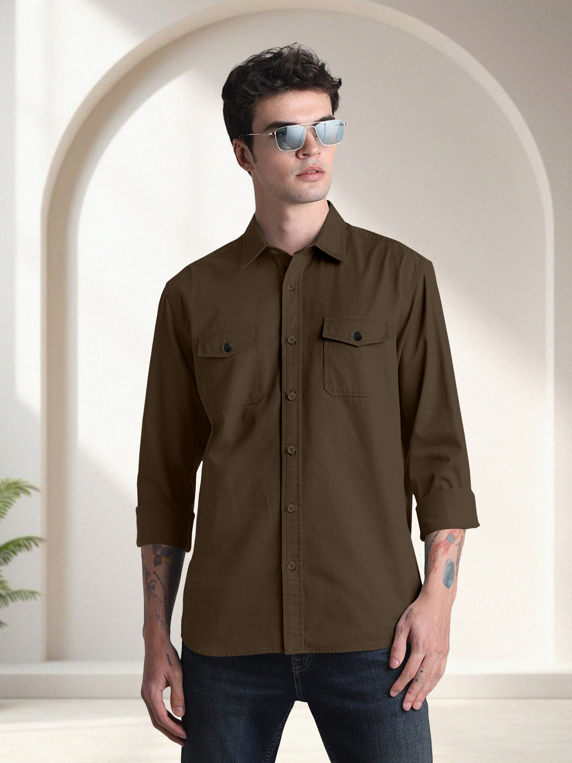 Blacklogy Men's Premium Cotton Dark Brown Double Pocket Full Sleeve Shirt