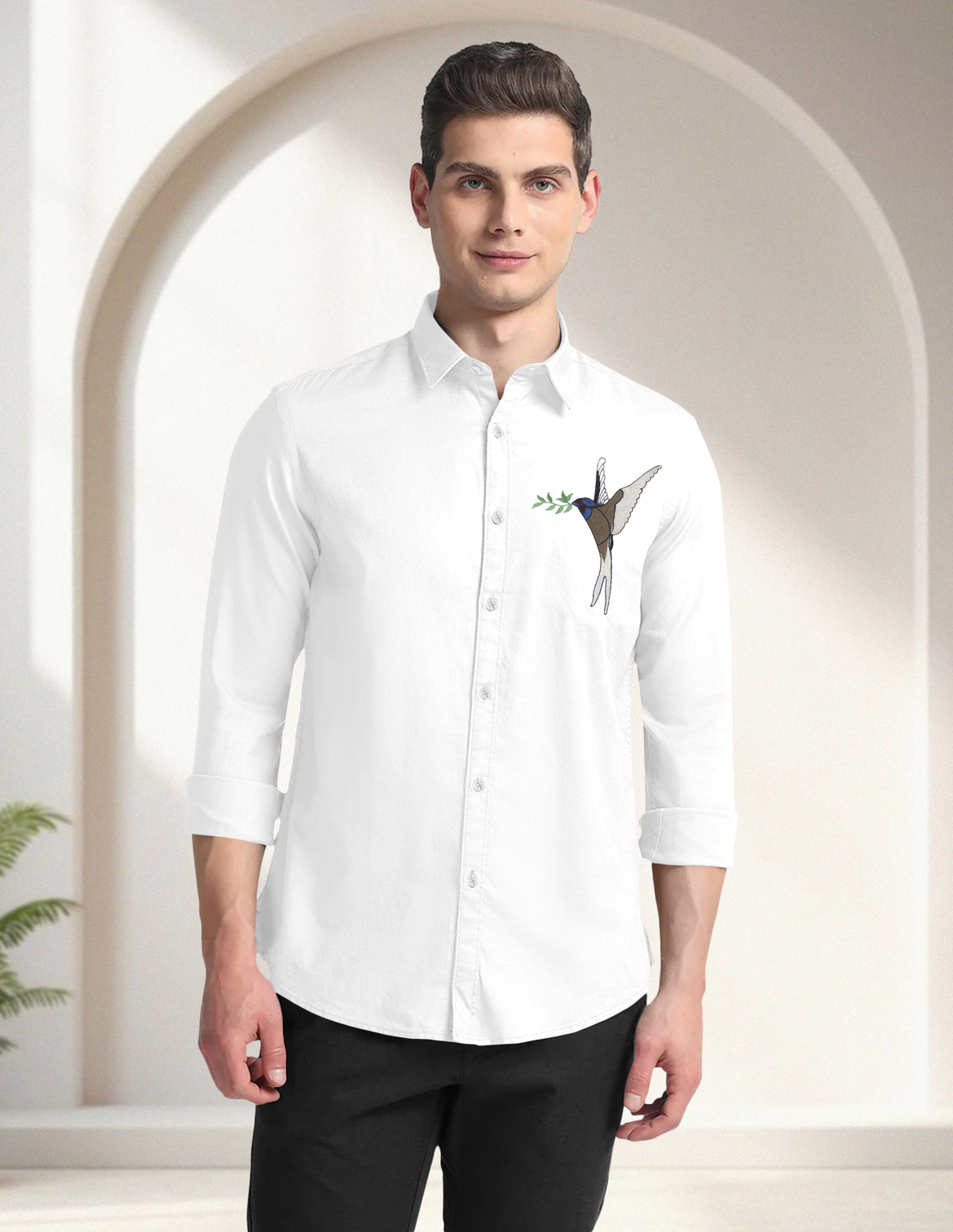 Blacklogy Men's Premium Cotton White Embroidered Bird Motif Shirt