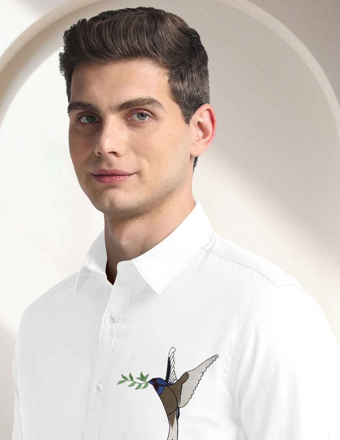 Blacklogy Men's Premium Cotton White Embroidered Bird Motif Shirt