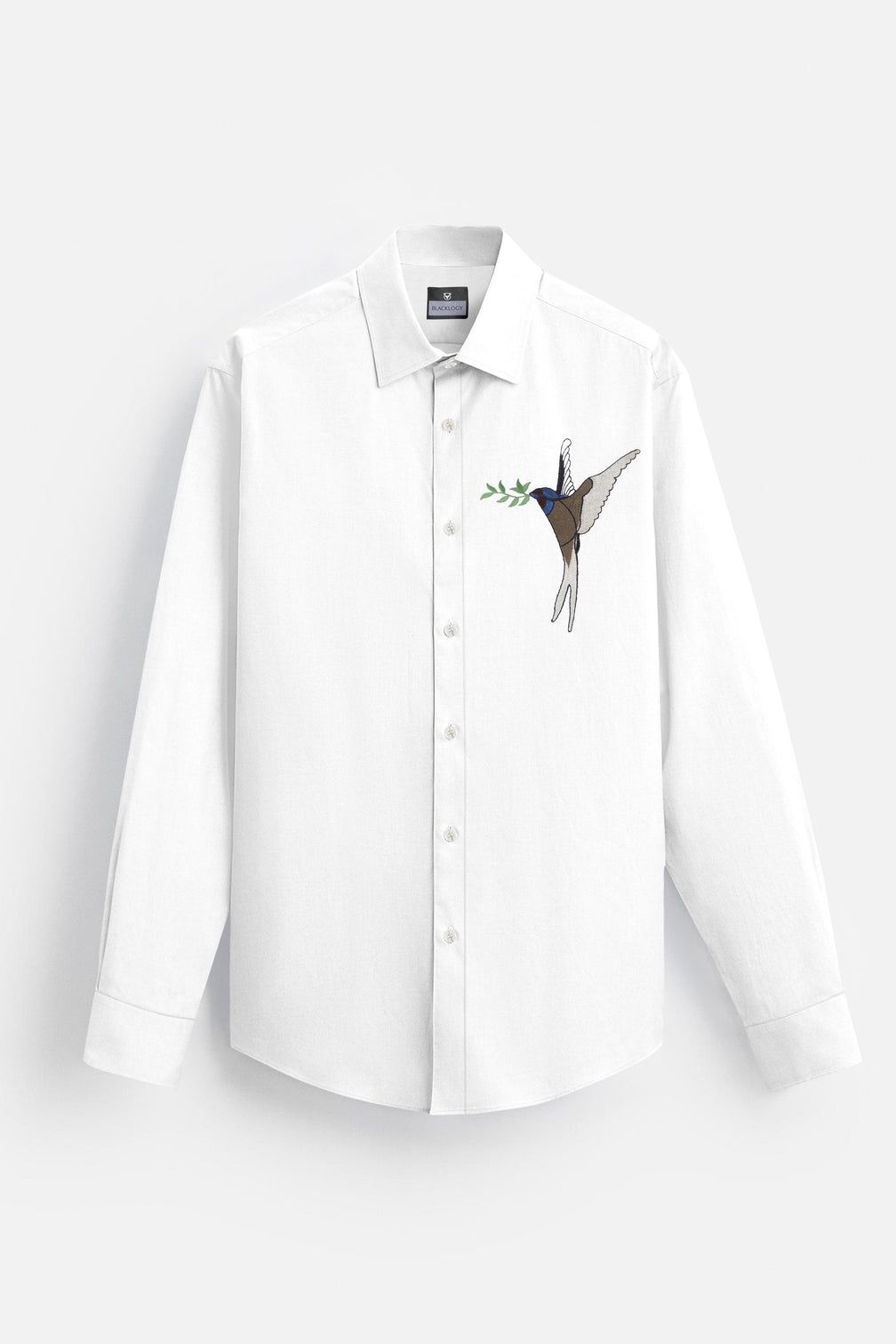Blacklogy Men's Premium Cotton White Embroidered Bird Motif Shirt