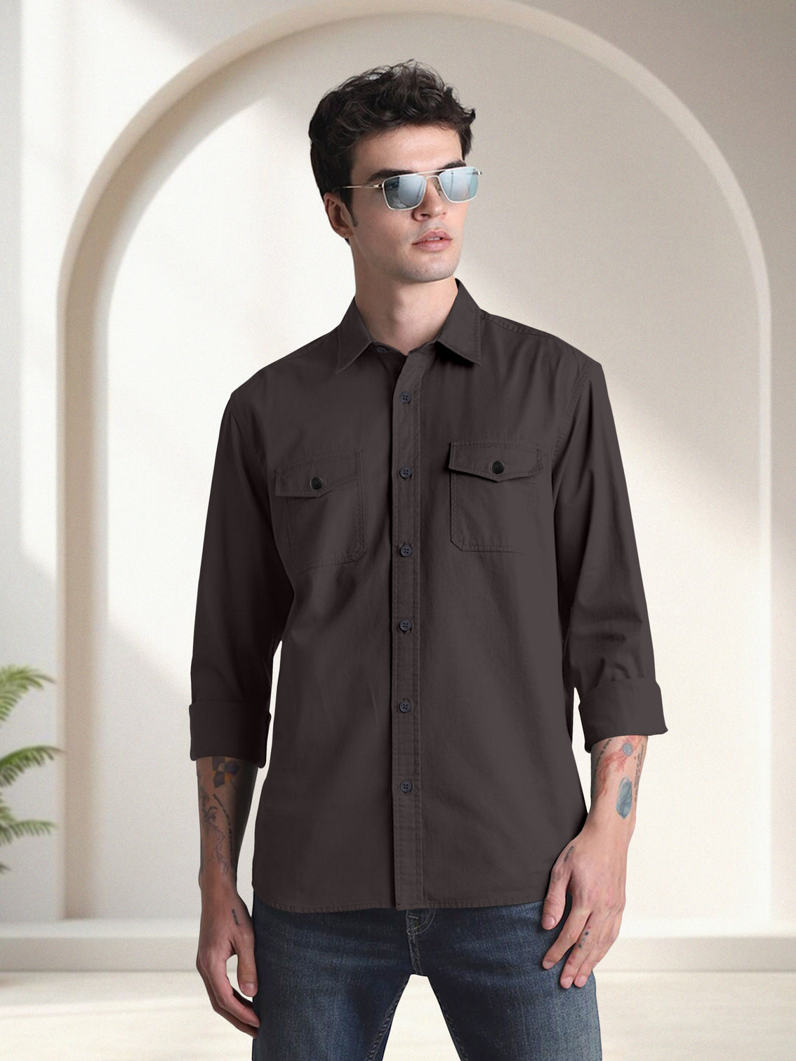 Blacklogy Men's Premium Cotton Dark Grey Double Pocket Full Sleeve Shirt