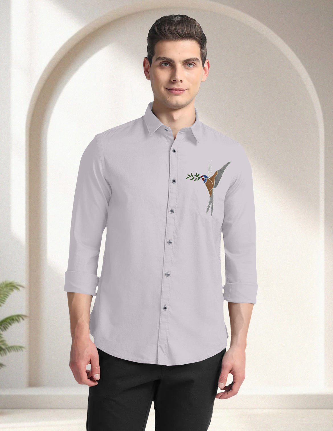 Blacklogy Men's Premium Cotton Grey Embroidered Bird Motif Shirt