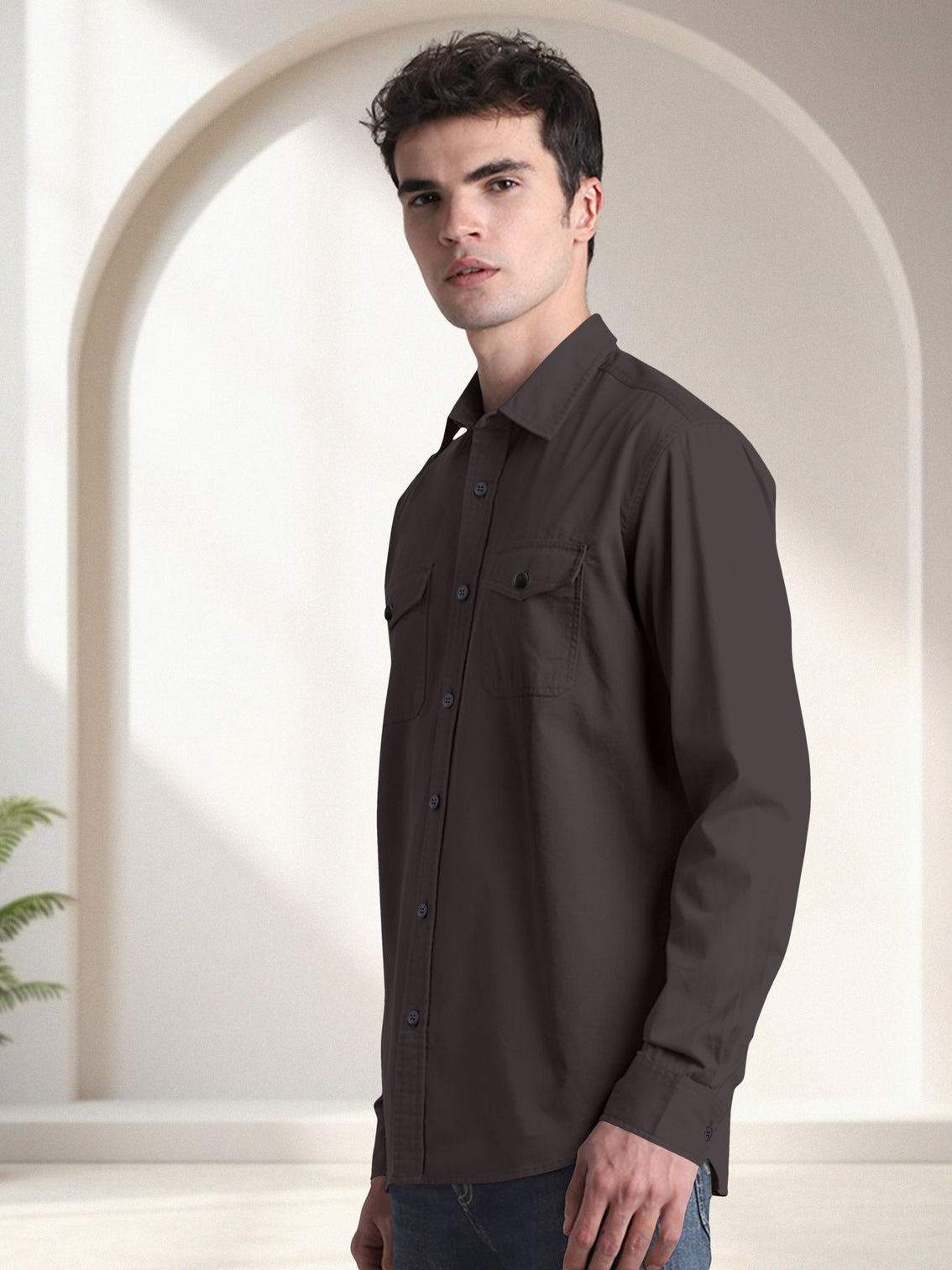 Blacklogy Men's Premium Cotton Dark Grey Double Pocket Full Sleeve Shirt