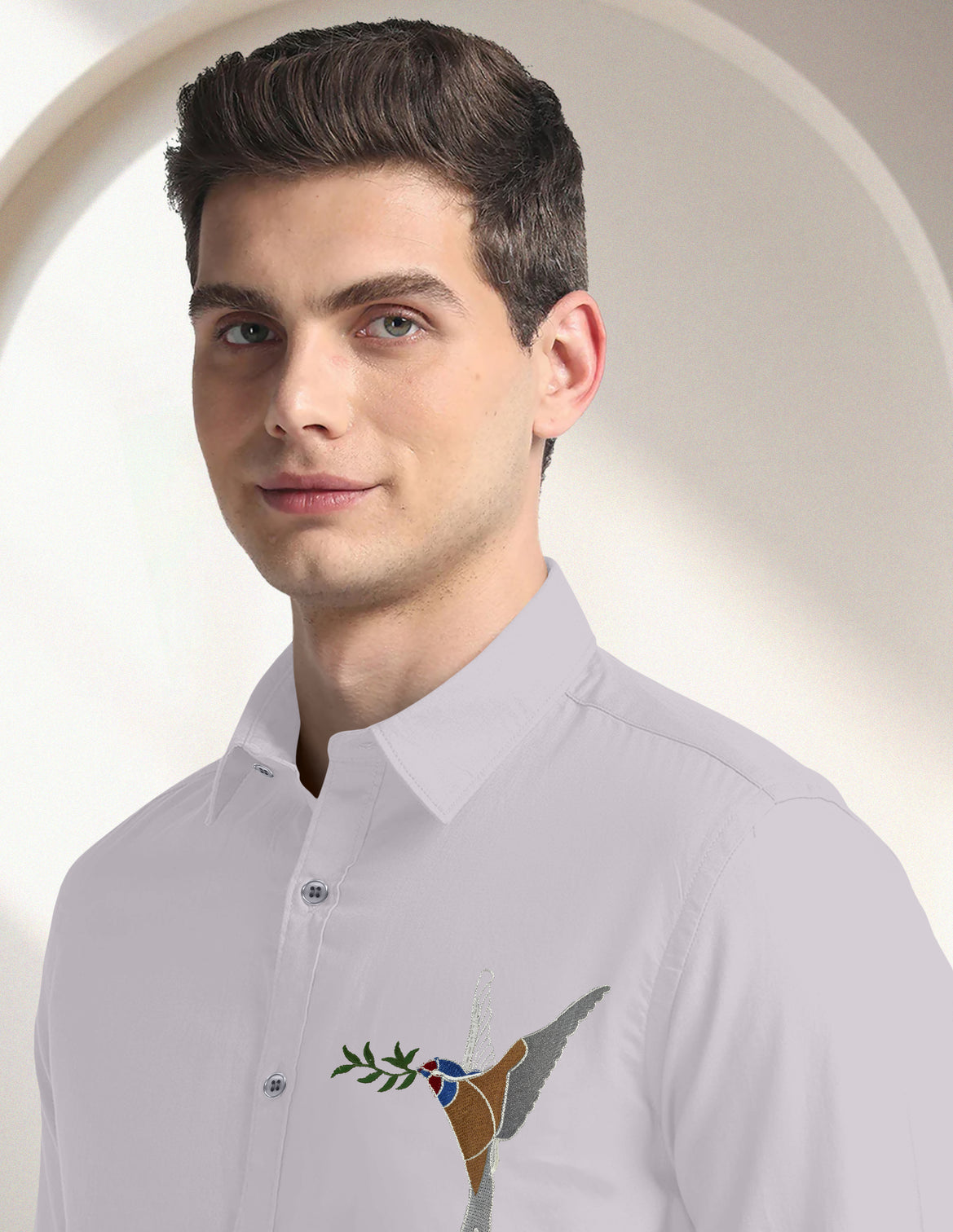 Blacklogy Men's Premium Cotton Grey Embroidered Bird Motif Shirt