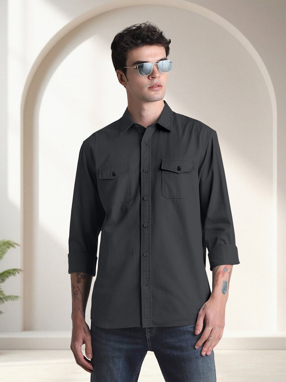 Blacklogy Men's Premium Cotton Charcoal Black Double Pocket Full Sleeve Shirt