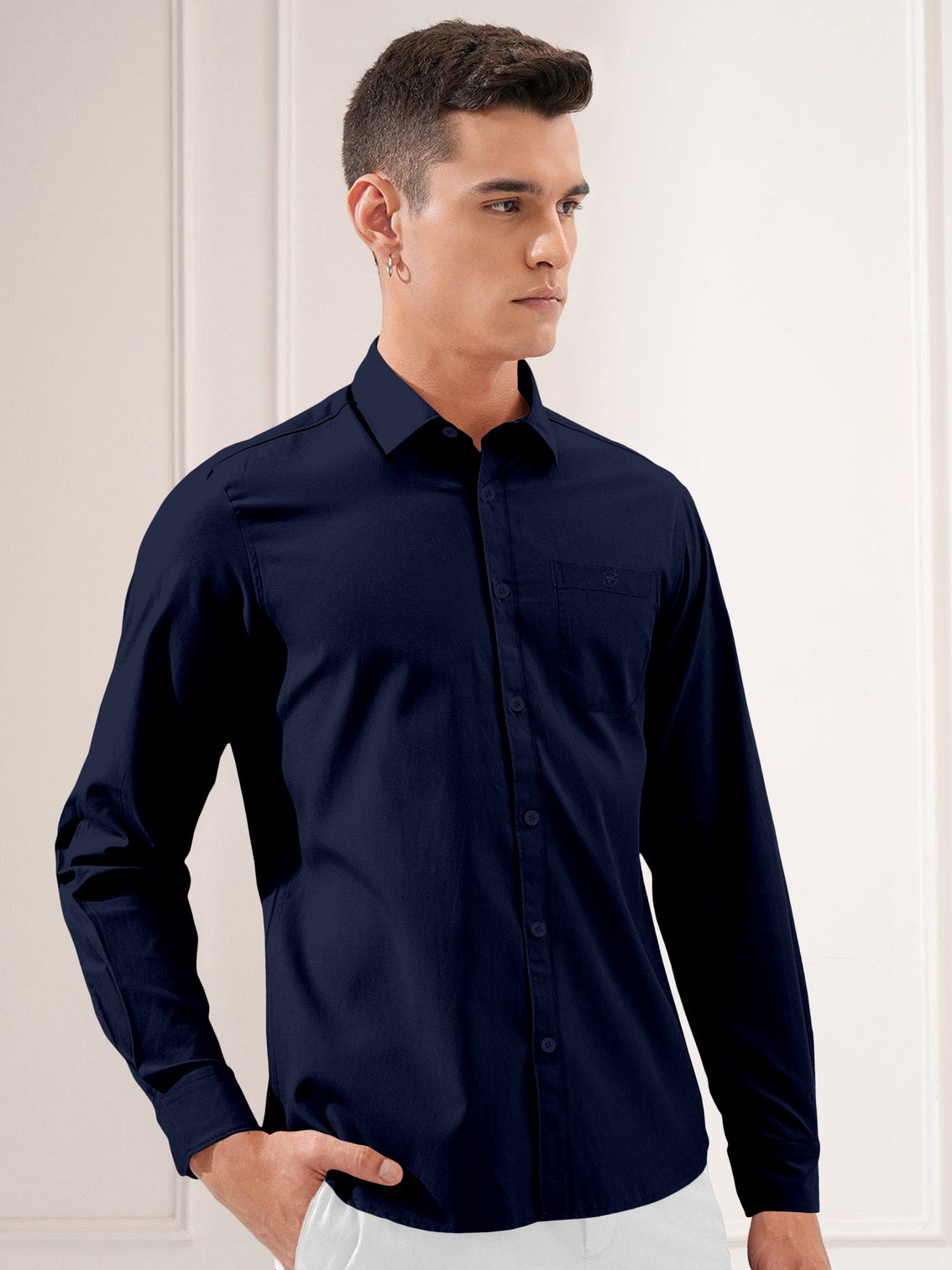 Blacklogy Men's Premium Oxford Cotton Navy Blue  Sleeve Slim Fit Shirt with One Pocket