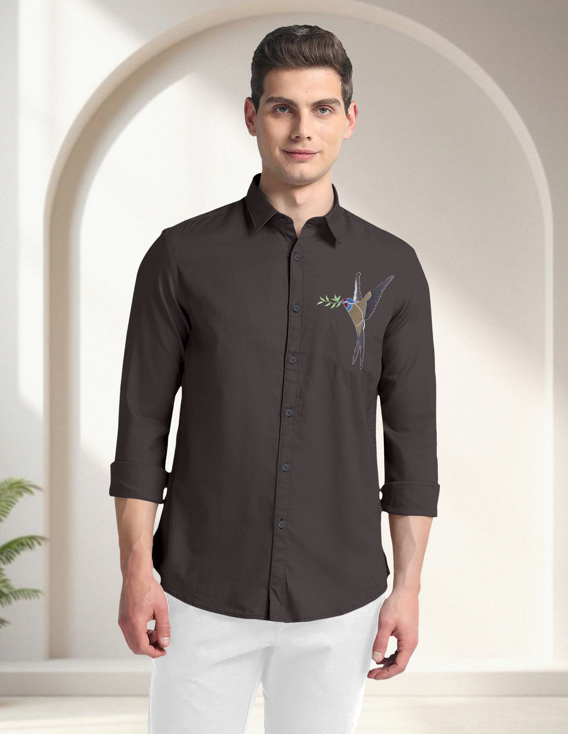 Blacklogy Men's Premium Cotton Dark Grey Embroidered Bird Motif Shirt