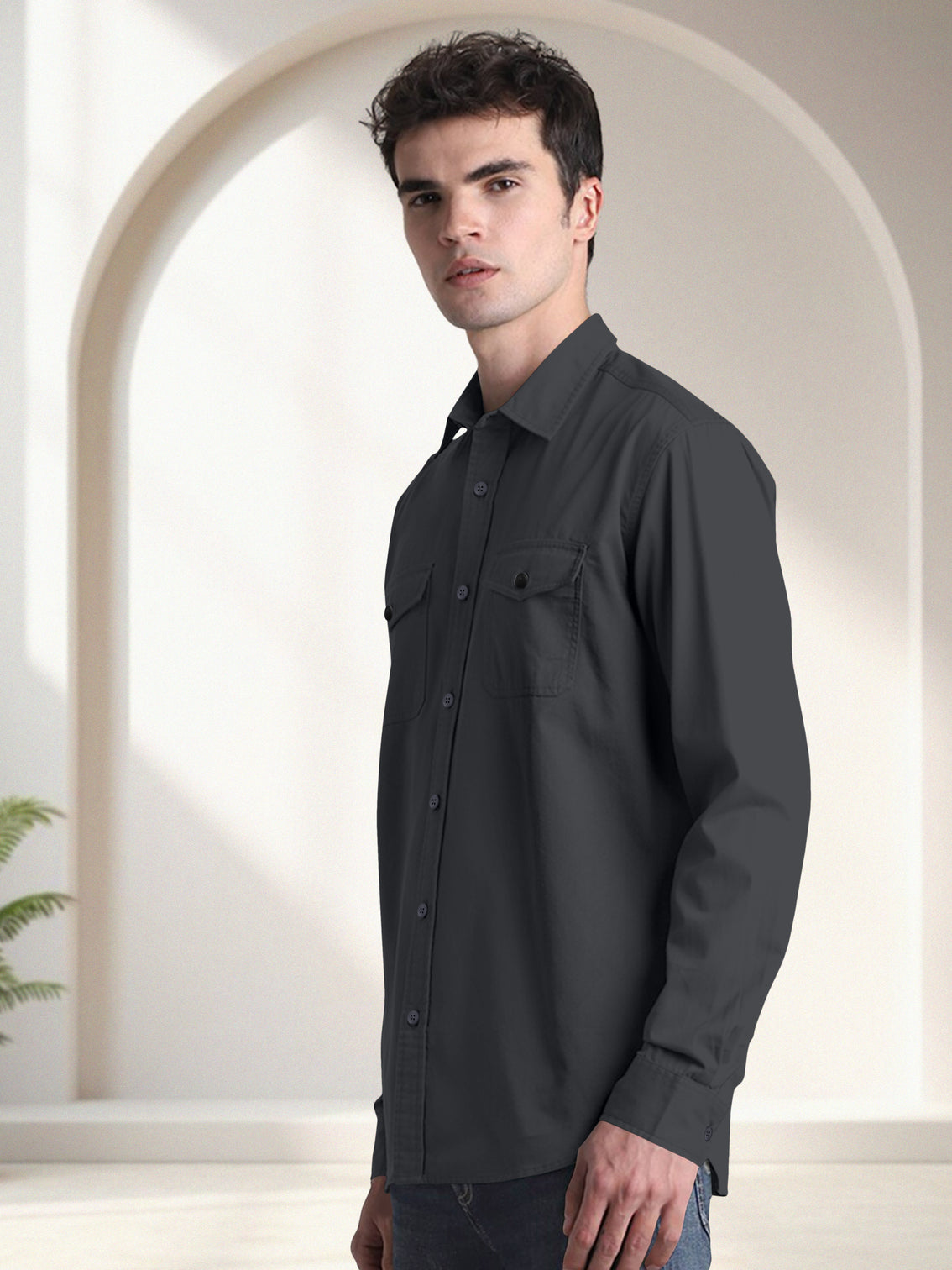 Blacklogy Men's Premium Cotton Charcoal Black Double Pocket Full Sleeve Shirt
