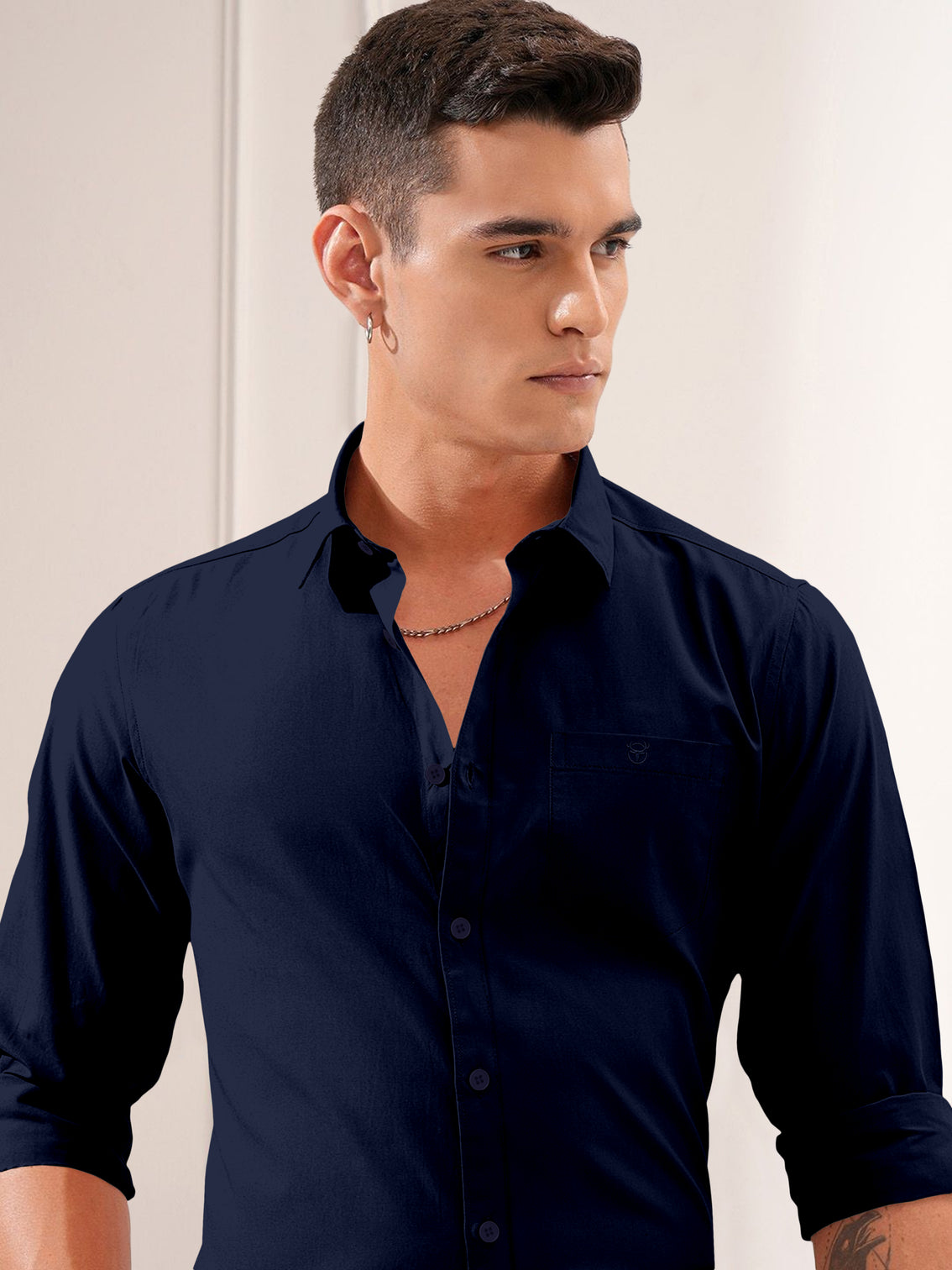 Blacklogy Men's Premium Oxford Cotton Navy Blue  Sleeve Slim Fit Shirt with One Pocket