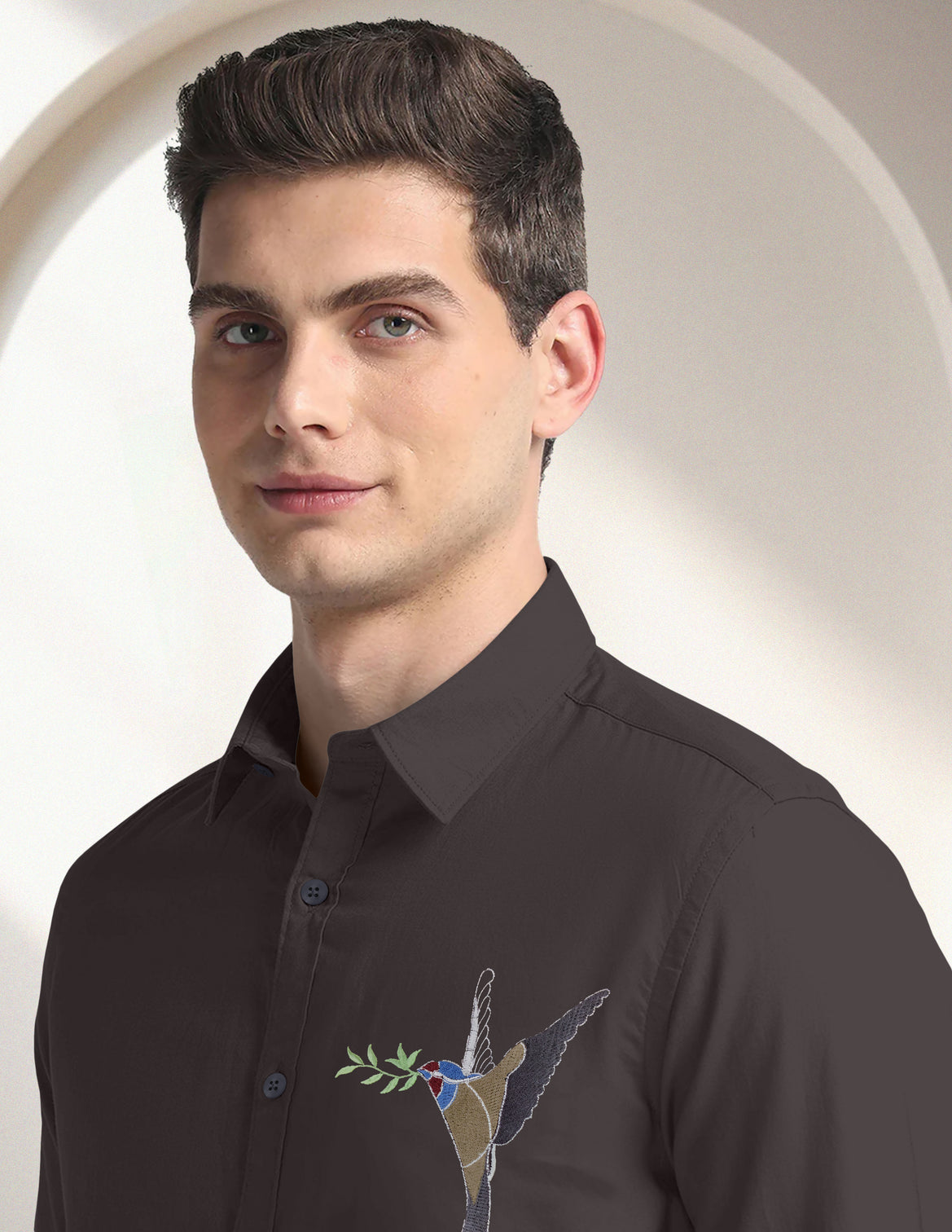 Blacklogy Men's Premium Cotton Dark Grey Embroidered Bird Motif Shirt