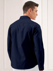 Blacklogy Men's Premium Oxford Cotton Navy Blue  Sleeve Slim Fit Shirt with One Pocket