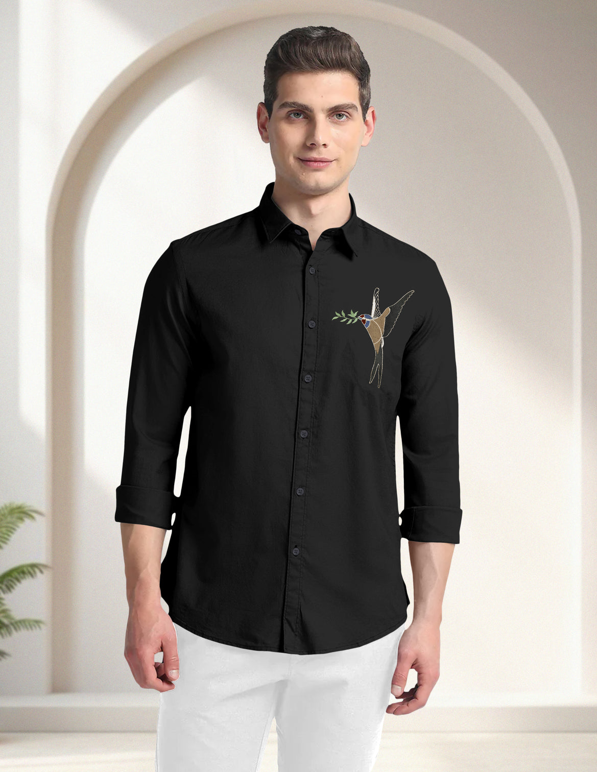 Blacklogy Men's Premium Cotton Black Embroidered Bird Motif Shirt
