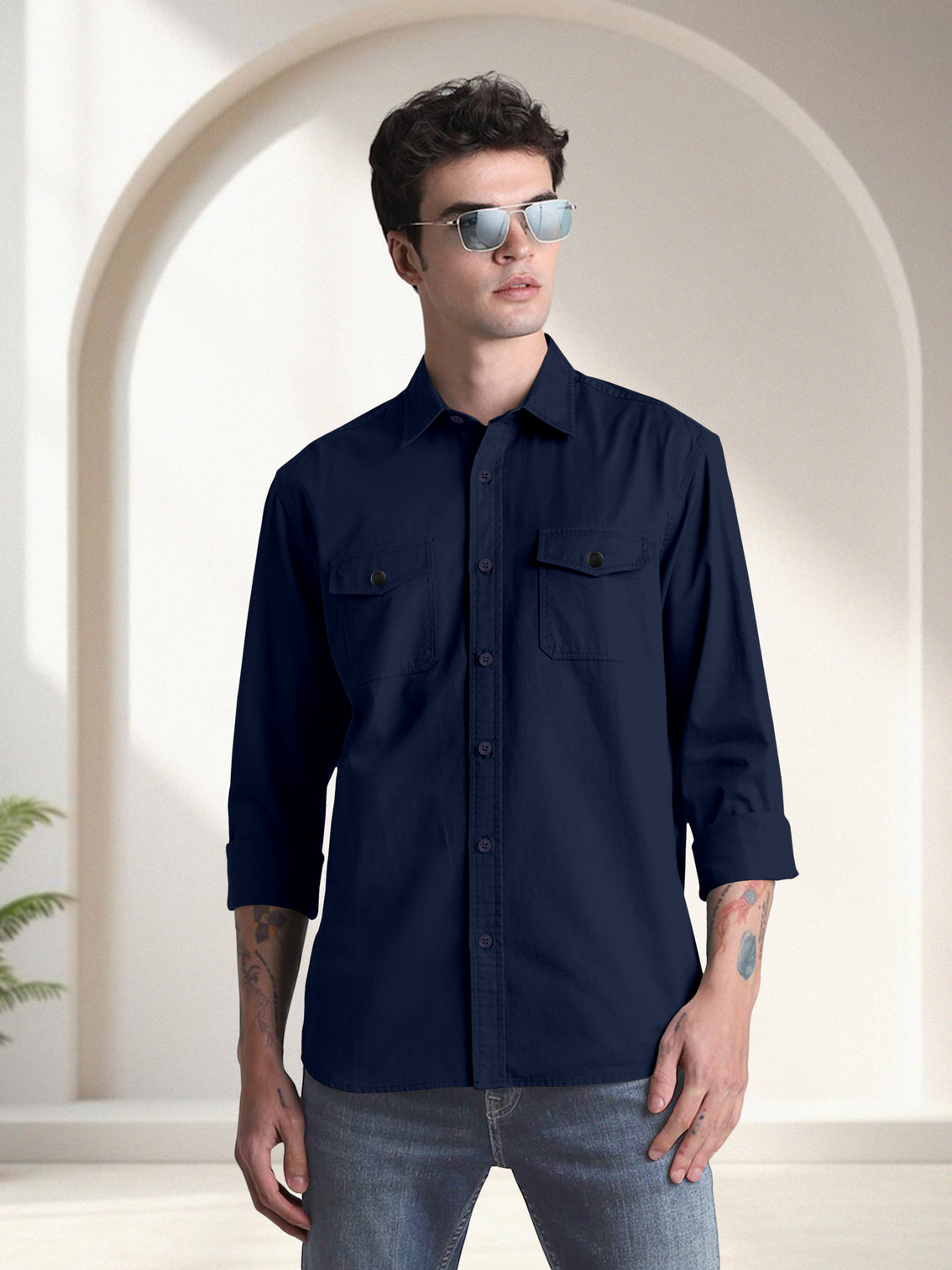 Blacklogy Men's Premium Cotton Dark Blue Double Pocket Shirt