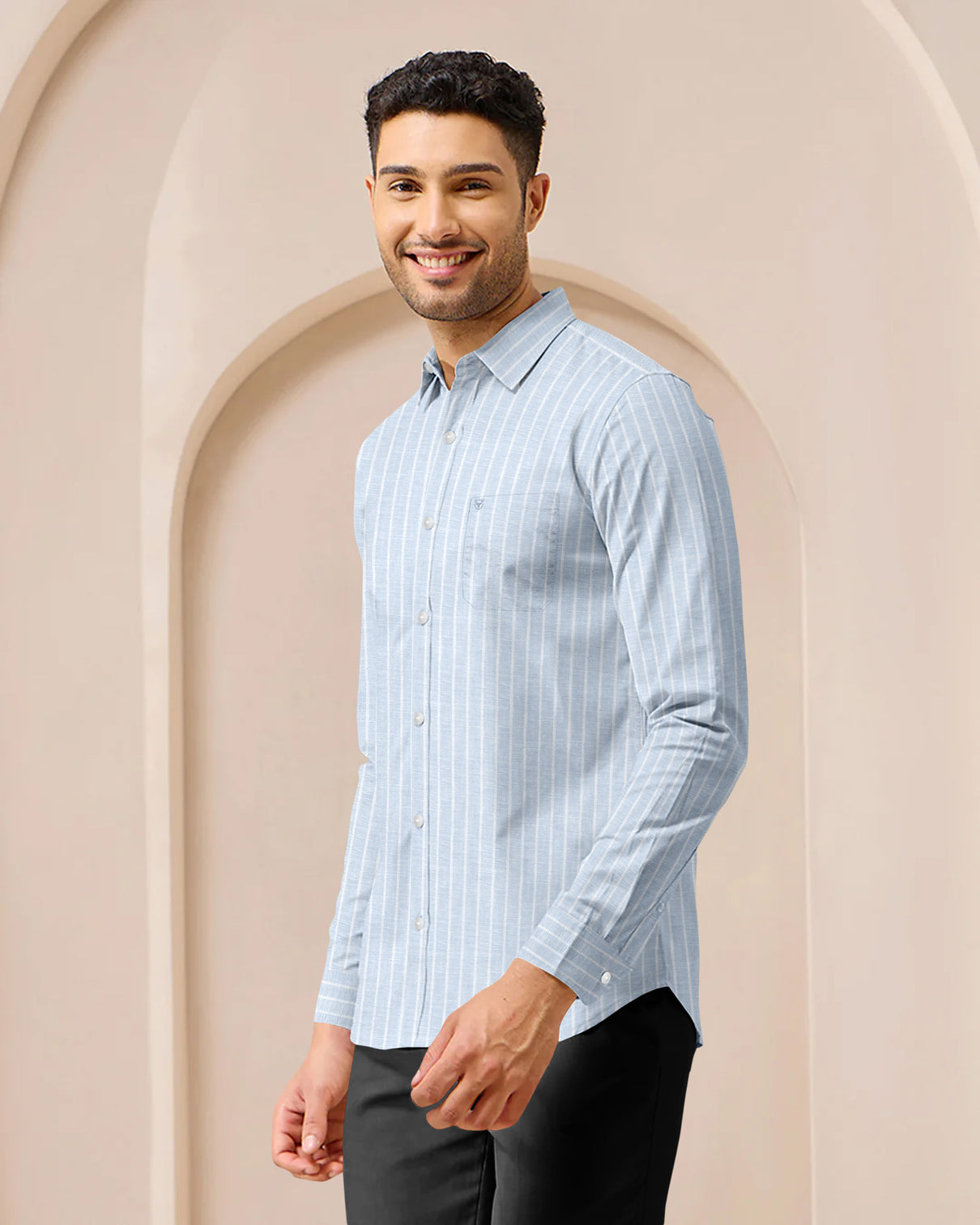 Blacklogy Men's Premium Light Blue Vertical Striped Linen Shirt | Full Sleeve Slim Fit Formal and Casual Shirt for Office & Outing | No Fade | Breathable Fabric