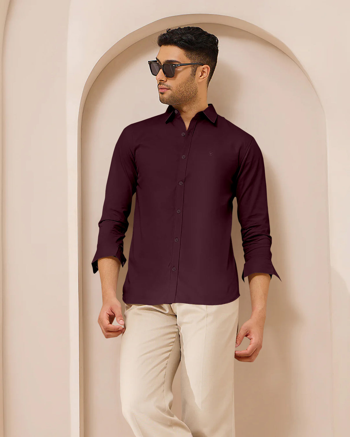 Blacklogy Men's Premium Satin Solid Shirt – Maroon | Stylish Slim Fit Formal Shirt with Logo